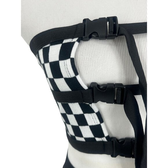 Checkered Black & White Buckle Front Crop Top & Mini Skirt Rave EDM 2 Piece Set - Picture 6 of 16